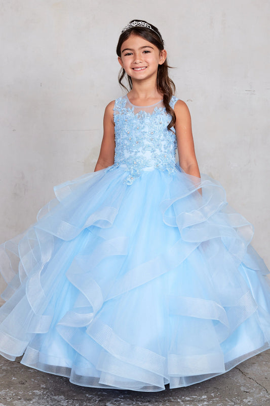 Sky Blue kids pageant dress featuring a lace bodice and tiered mesh skirt.