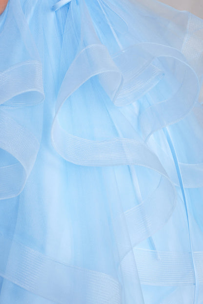 Visible details on the Sky Blue kids pageant dress include shaped layers of mesh.