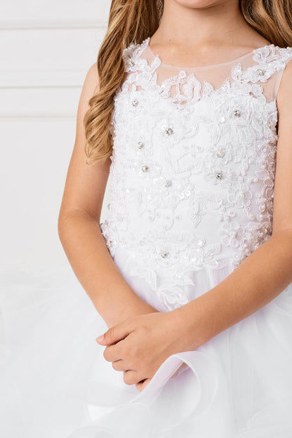 Visible details on the White kids pageant dress include lace appliques around the shoulder.