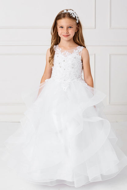 On the White kids pageant dress, the detailing includes a lace bodice and tiered mesh skirt.