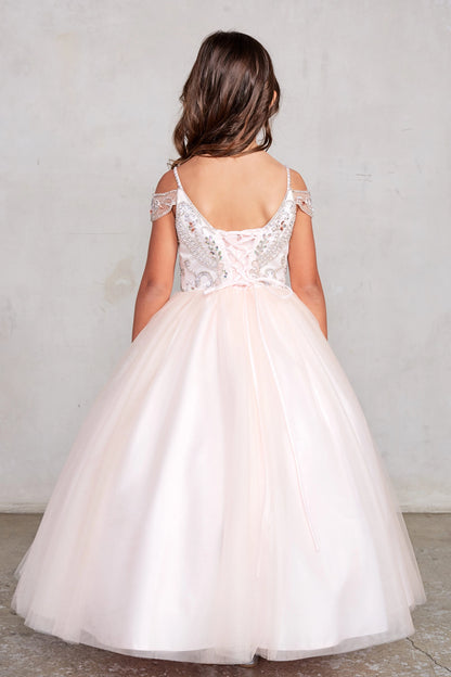 Visible details on the Blush kids pageant dress include a tied sash across the back waist.