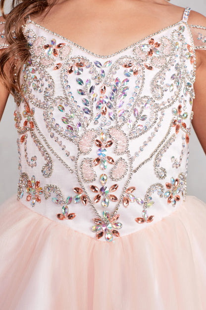 Another view of the Blush kids pageant dress shows silver-toned beadwork across the bodice.