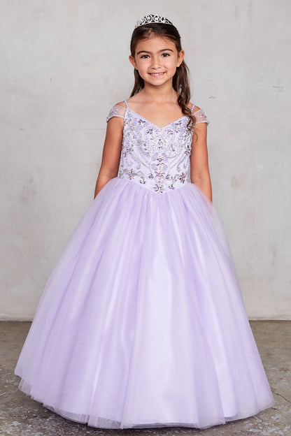 On the Lilac kids pageant dress, the detailing includes beaded detailing around a V-neckline.