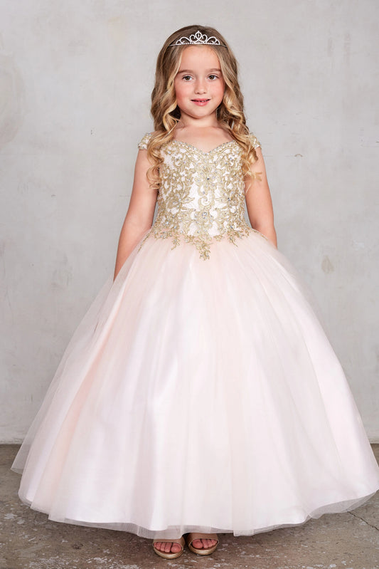 Blush kids pageant dress featuring gold floral lace on the bodice.