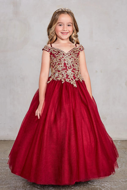 Burgundy kids pageant dress featuring gold floral lace on the bodice.