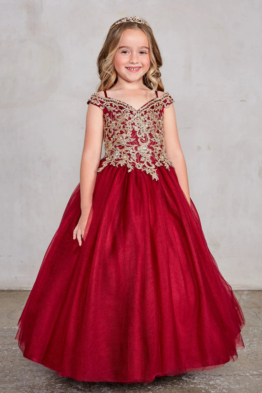 Burgundy kids pageant dress featuring gold floral lace on the bodice.