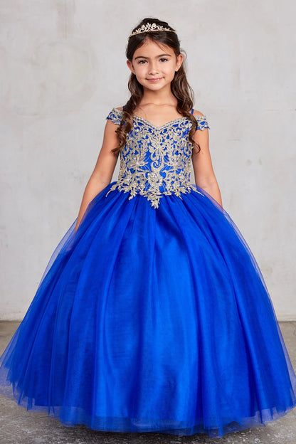 Royal Blue kids pageant dress featuring gold floral lace on the bodice.