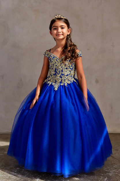 The Royal Blue kids pageant dress has gold floral lace on the bodice.