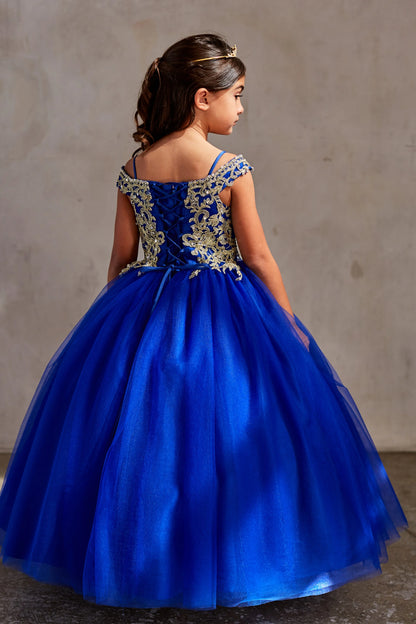Visible details on the Royal Blue kids pageant dress include lace-up ties at the back.