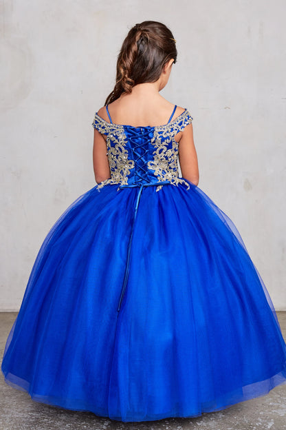 Seen from behind, this Royal Blue kids pageant dress displays lace-up ties at the back.