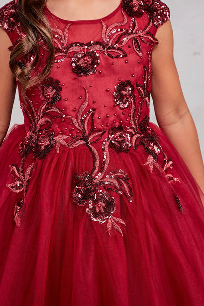 Visible details on the Burgundy kids pageant dress include sequin embroidery around the neckline.