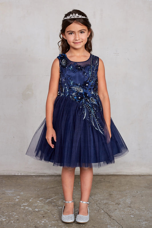 Navy Blue kids pageant dress featuring dimensional floral embellishments.
