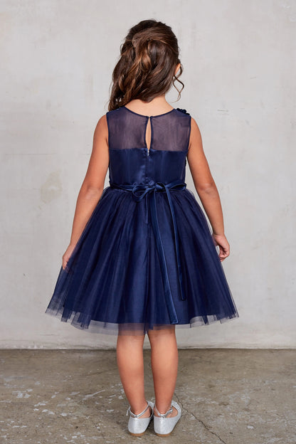 The Navy Blue kids pageant dress has a tied sash across the back waist.