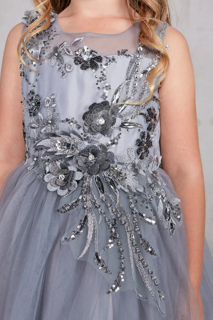 Visible details on the Silver kids pageant dress include embroidered floral lace over the bodice.