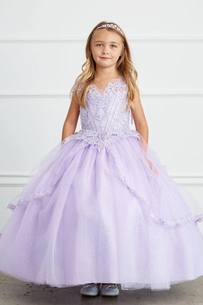 Lilac kids pageant dress featuring lace-trimmed layers of glitter tulle.