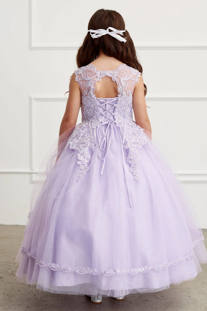 The Lilac kids pageant dress has a tied sash across the back waist.