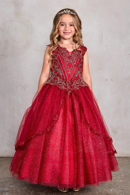Red kids pageant dress featuring lace-trimmed layers of glitter tulle.