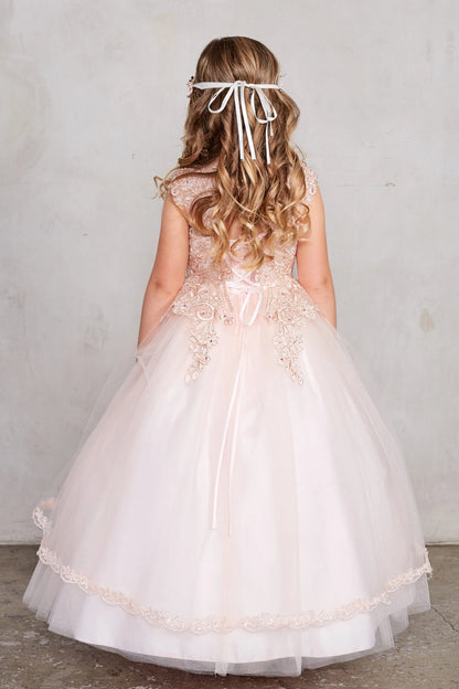 Visible details on the Rose Gold kids pageant dress include a tied sash across the back waist.
