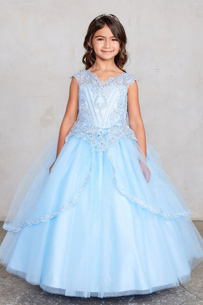Sky Blue kids pageant dress featuring lace-trimmed layers of glitter tulle.