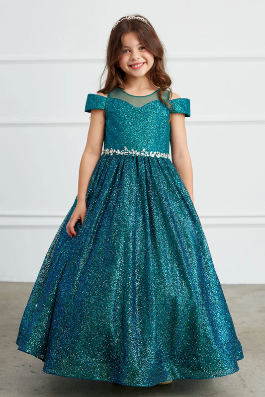 Emerald kids pageant dress featuring a rhinestone waist and glitter skirt.