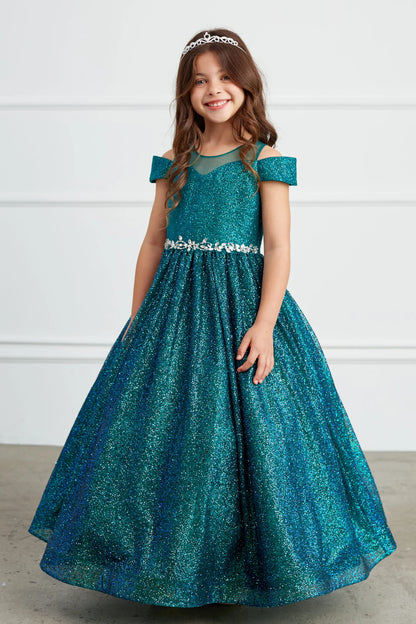 The Emerald kids pageant dress has a rhinestone waist and glitter skirt.