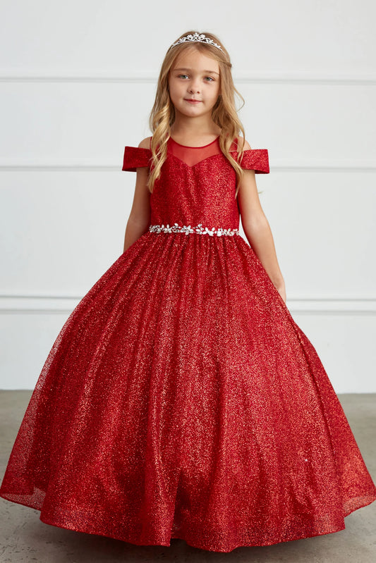 Red kids pageant dress featuring a rhinestone waist and glitter skirt.