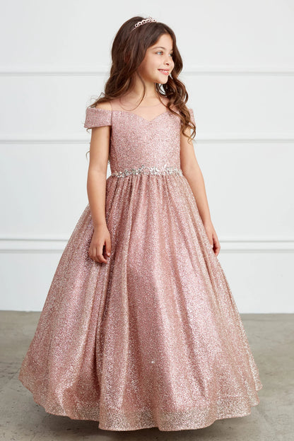 The Rose Gold kids pageant dress has a rhinestone waist and glitter skirt.
