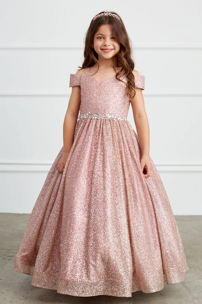 Visible details on the Rose Gold kids pageant dress include a rhinestone waist and glitter skirt.