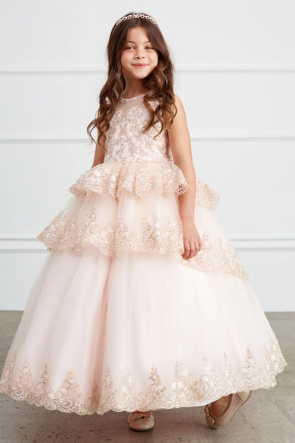 Rose Gold kids pageant dress featuring corded lace edging on layered tulle.