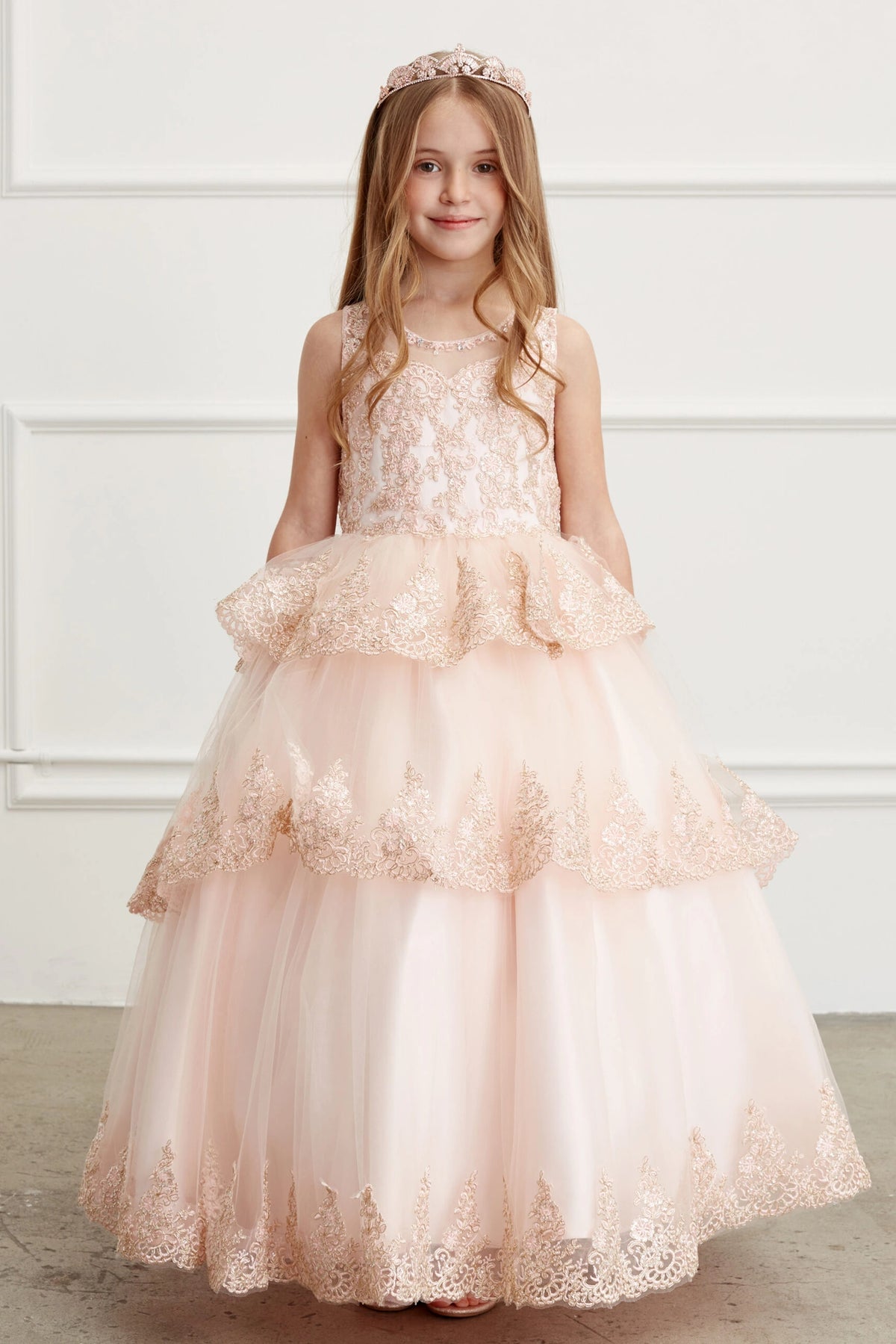 Visible details on the Rose Gold kids pageant dress include corded lace edging on layered tulle.