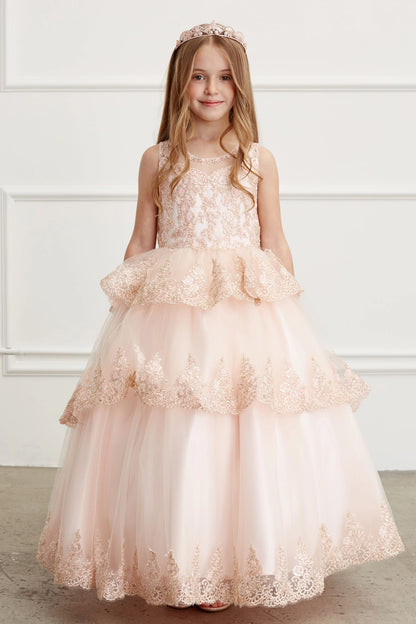 Visible details on the Rose Gold kids pageant dress include corded lace edging on layered tulle.