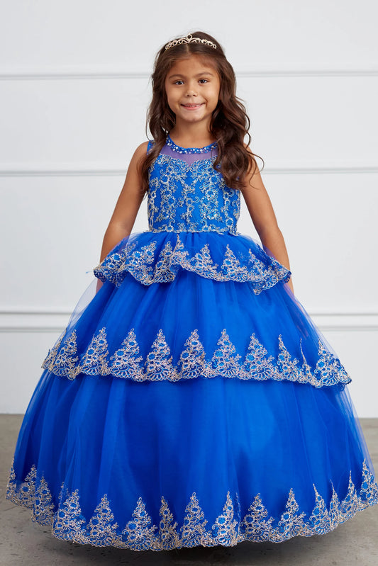 Royal Blue kids pageant dress featuring corded lace edging on layered tulle.