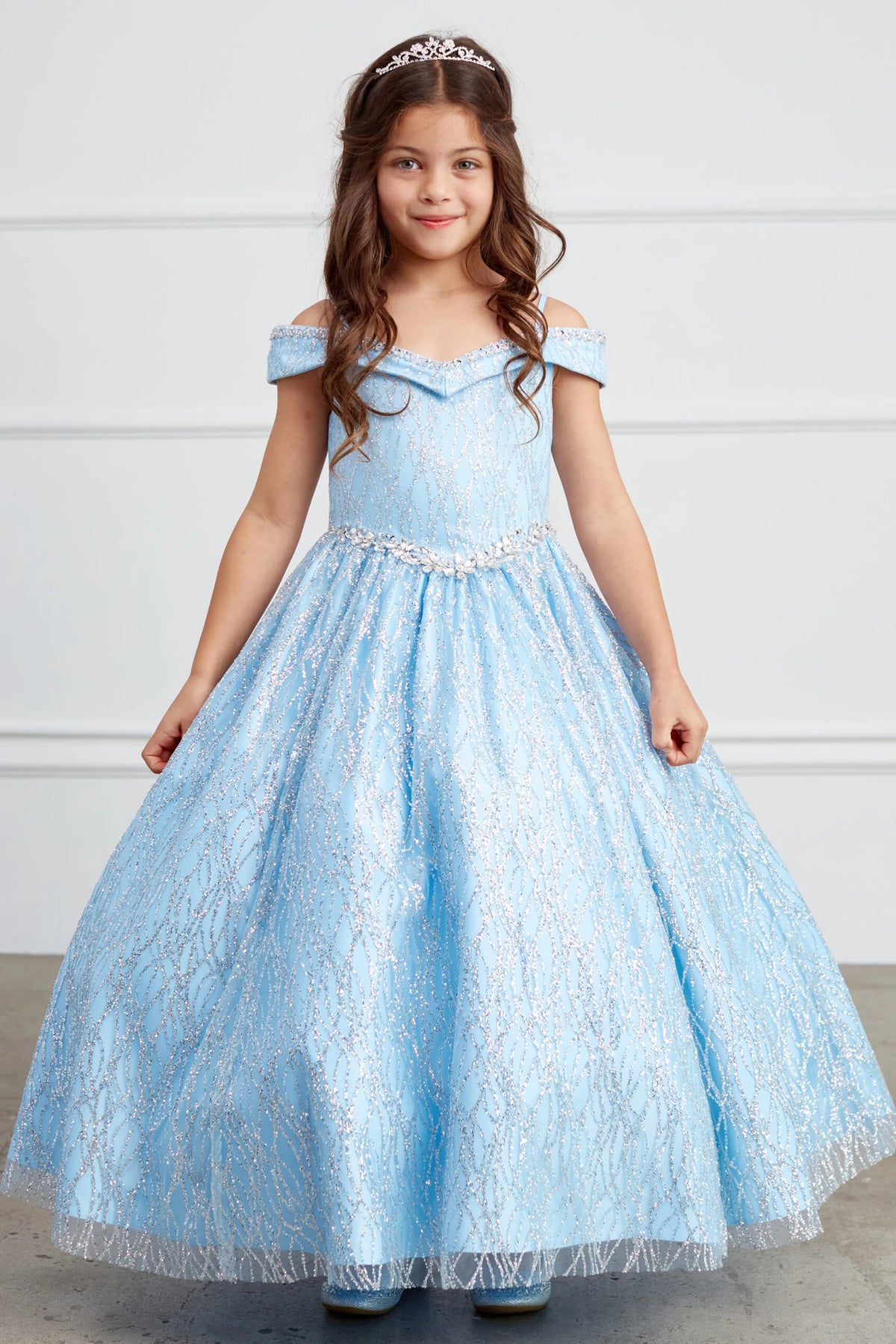 Sky Blue kids pageant dress featuring a beaded waist and glitter mesh.