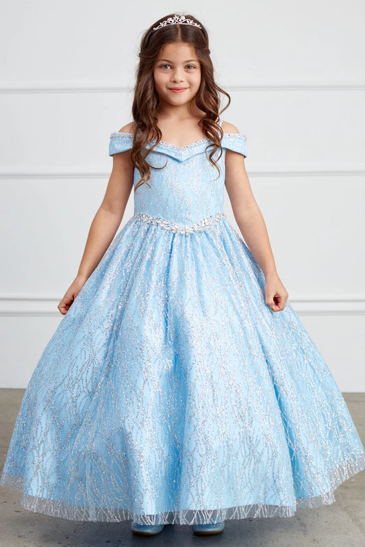 Sky Blue kids pageant dress featuring a beaded waist and glitter mesh.