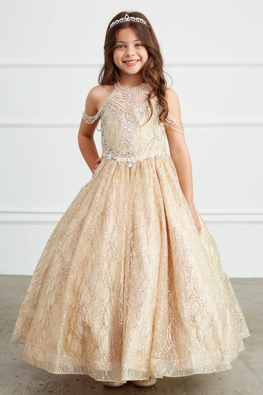 Gold kids pageant dress featuring a beaded choker neckline.