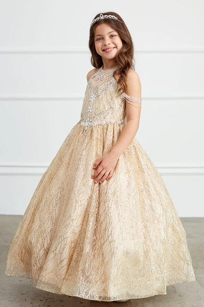 The Gold kids pageant dress has lace-up ties at the back.
