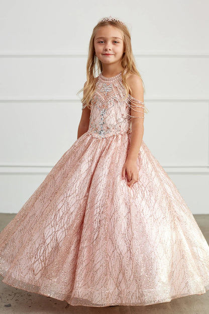 Rose Gold kids pageant dress featuring a beaded choker neckline.