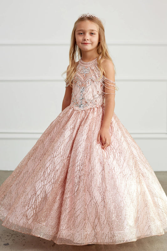 Rose Gold kids pageant dress featuring a beaded choker neckline.