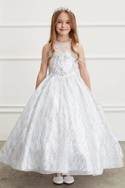 White kids pageant dress featuring a beaded choker neckline.