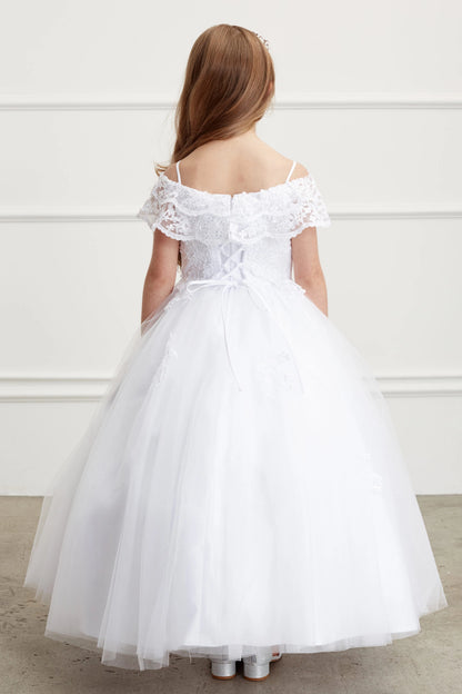 The White kids pageant dress has lace-up ties at the back.