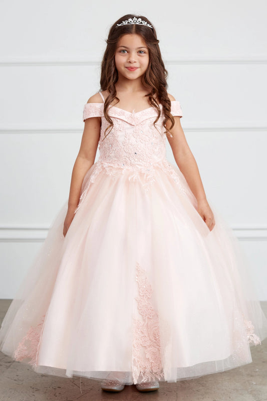 The Blush kids pageant dress has corded floral lace.
