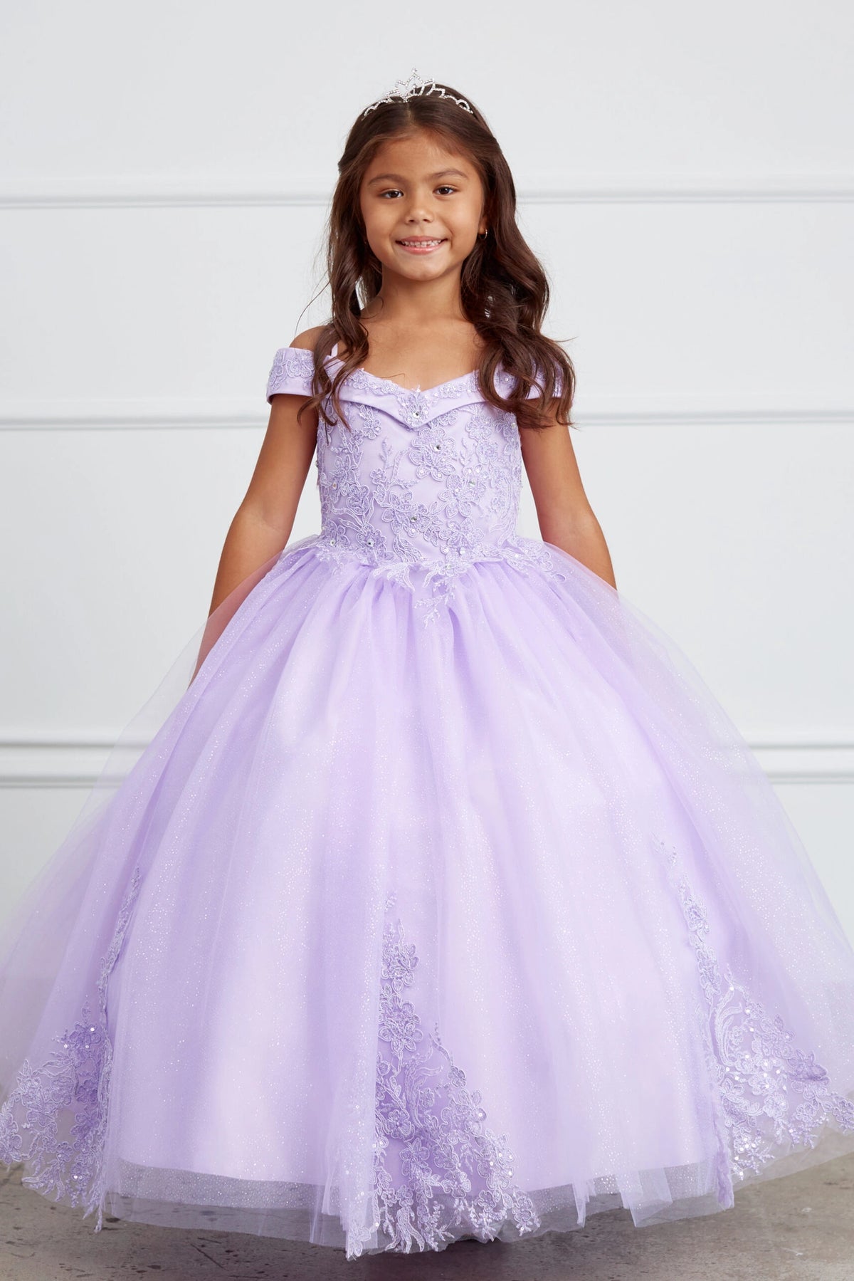 Lilac kids pageant dress featuring corded floral lace.