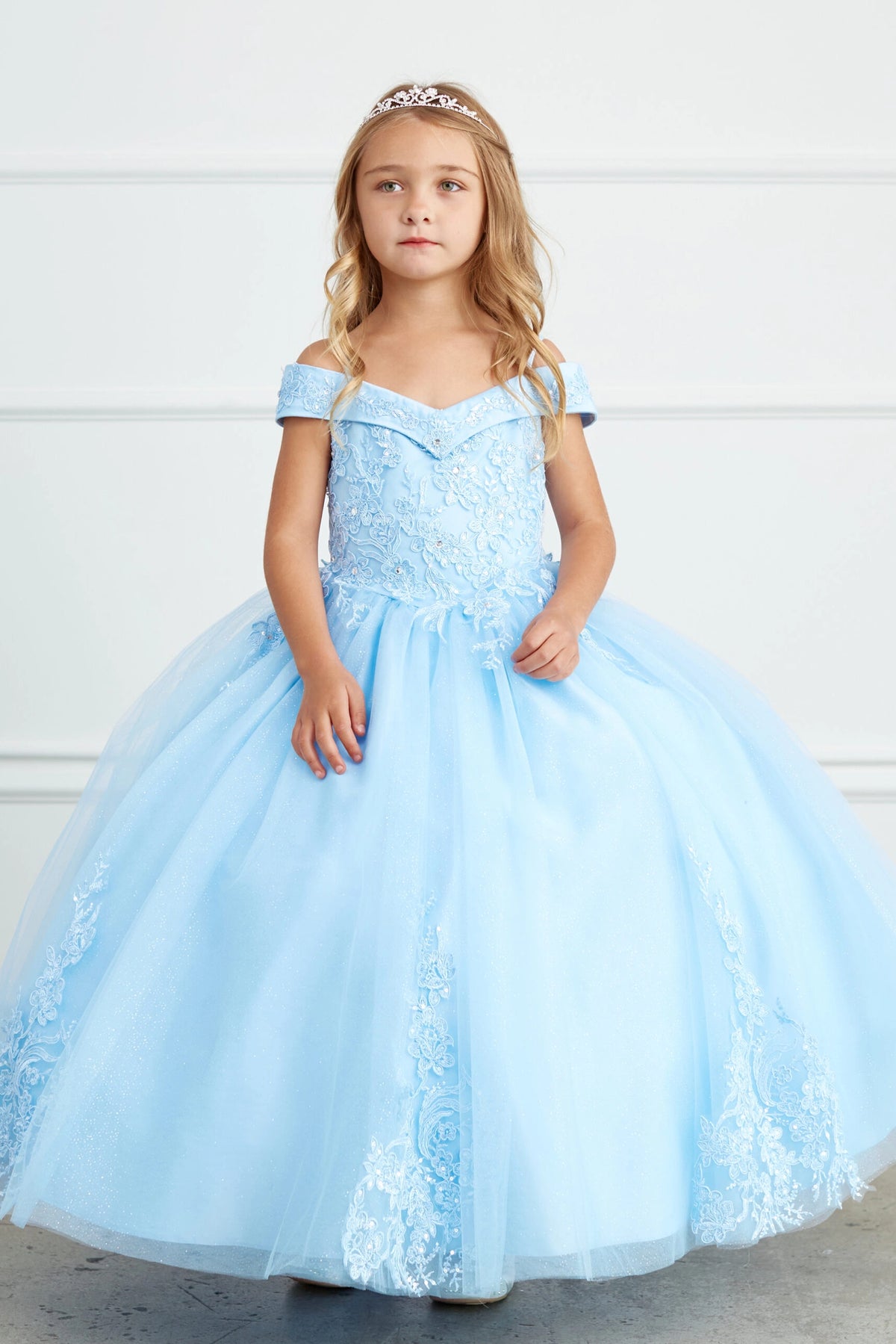 Sky Blue kids pageant dress featuring corded floral lace.