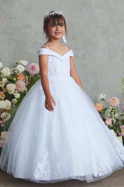 Visible details on the White kids pageant dress include corded floral lace.