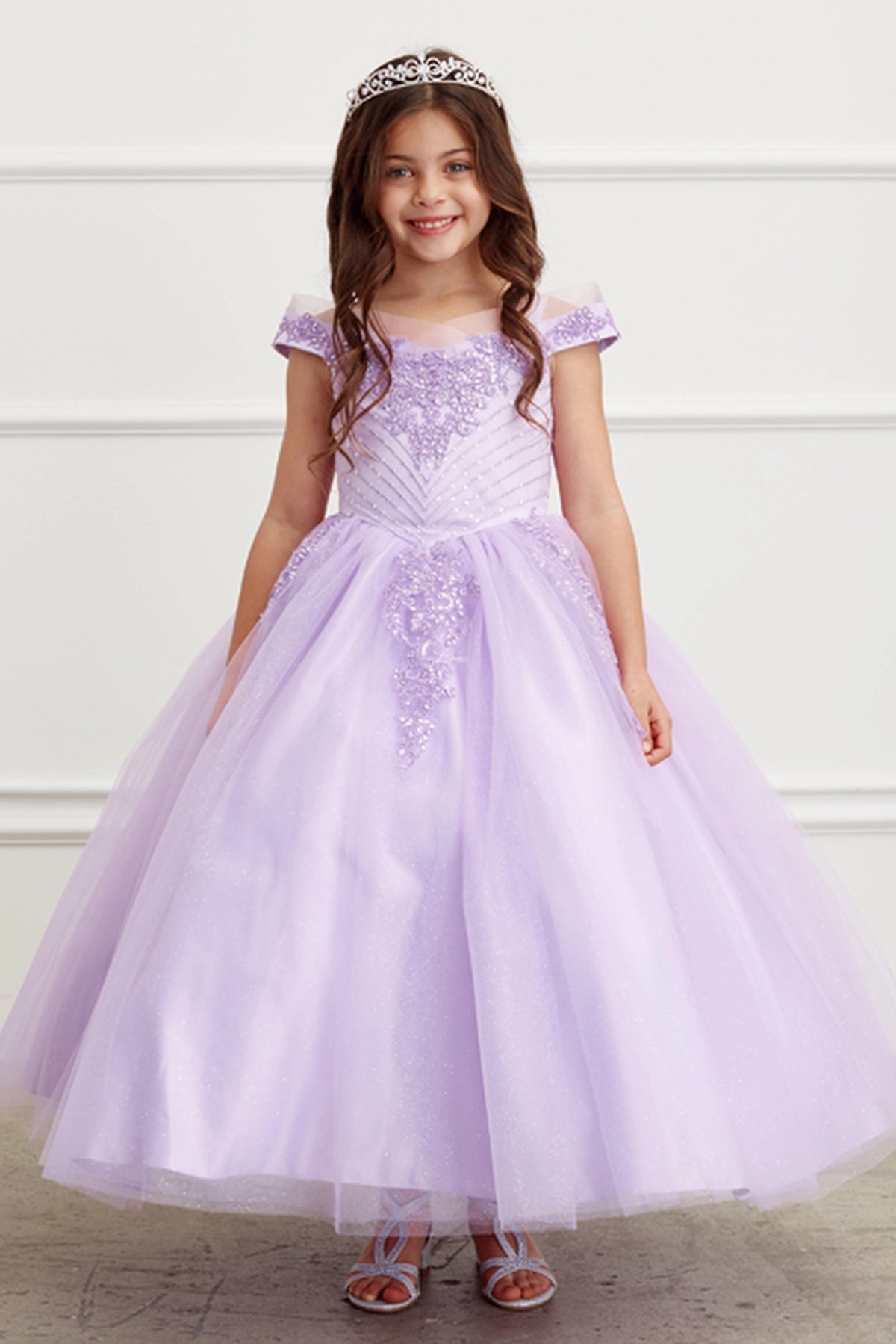 Lilac kids pageant dress featuring chevron-patterned lace.