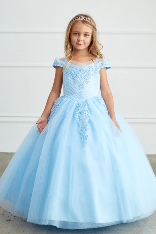 Sky Blue kids pageant dress featuring chevron-patterned lace.
