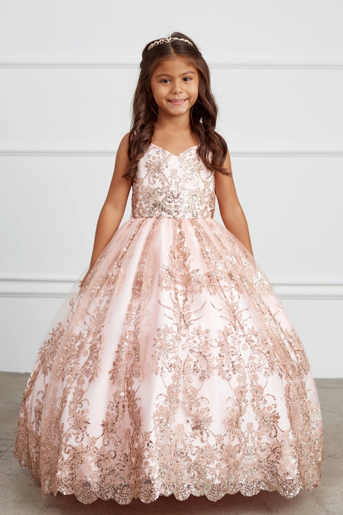 Blush kids pageant dress featuring floral glitter lace.