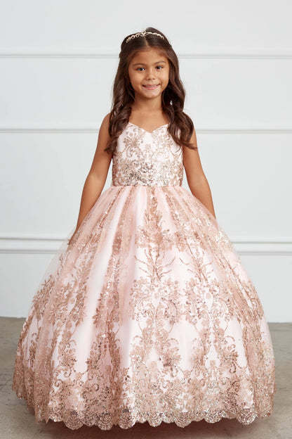 Blush kids pageant dress featuring floral glitter lace.