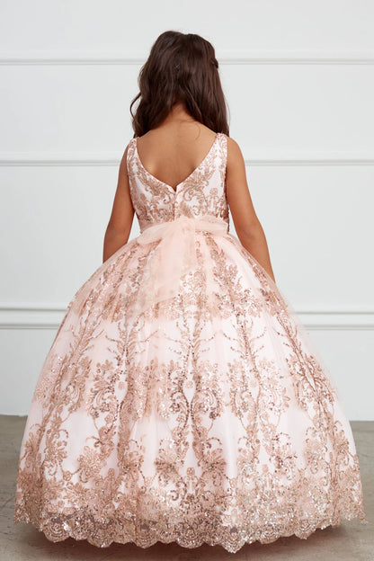 The Blush kids pageant dress has a tied sash across the back waist.