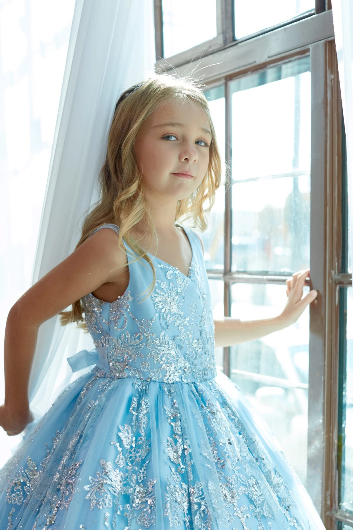 Dusty Blue kids pageant dress featuring floral glitter lace.